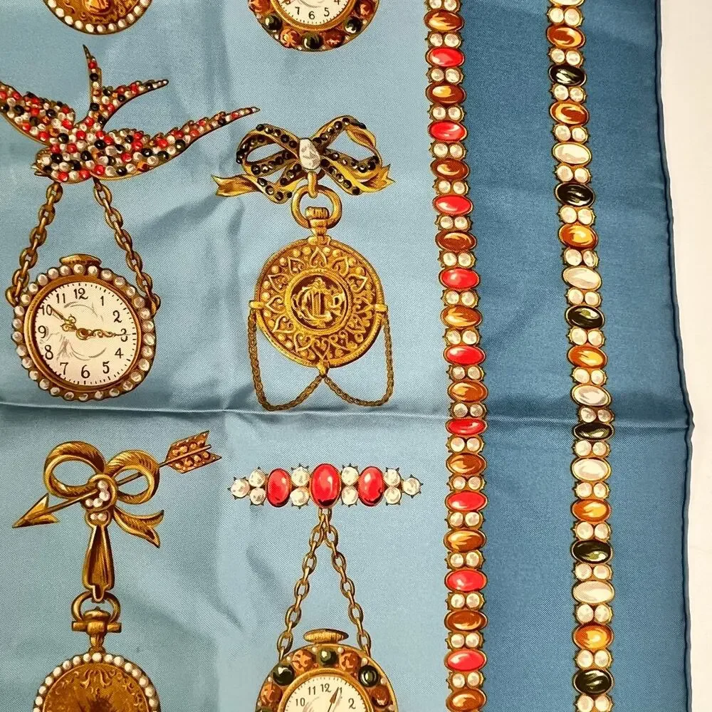 Christian Dior Silk Scarf Jewel & Watch Charm Pattern Blue 34.5